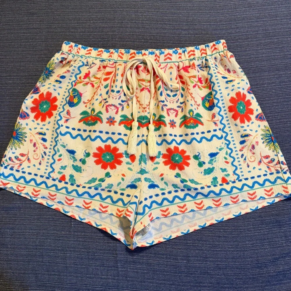 Flying Tomato Boho Floral Geometric Tile Print Tassel Drawstring Shorts Medium